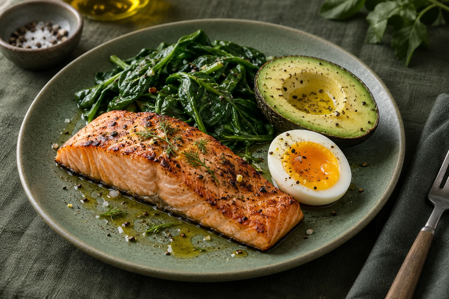 Salmone, avocado, uovo e spinaci su un piatto verde salvia