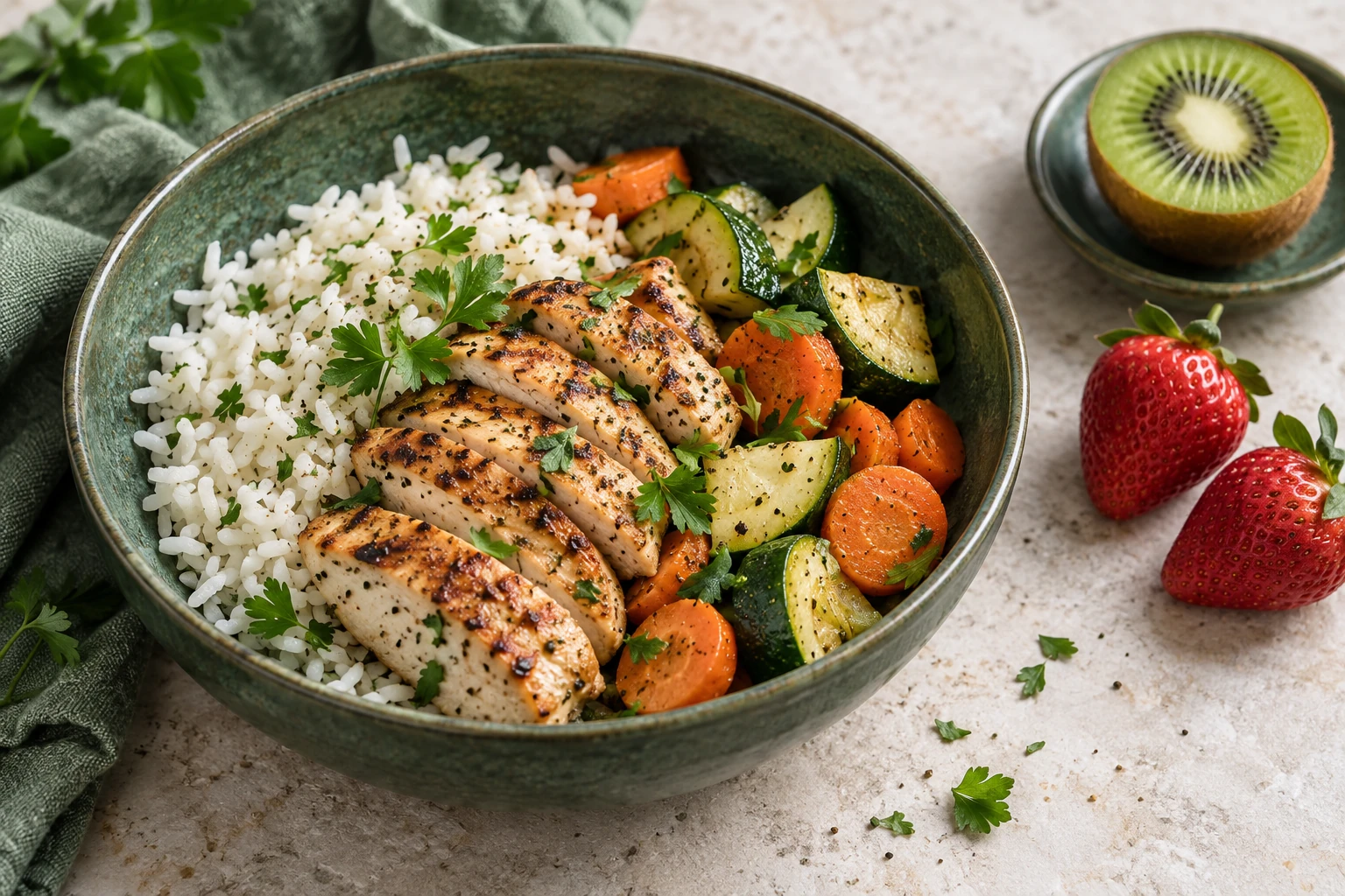 Riso, pollo, zucchine e carote in una ciotola di ceramica
