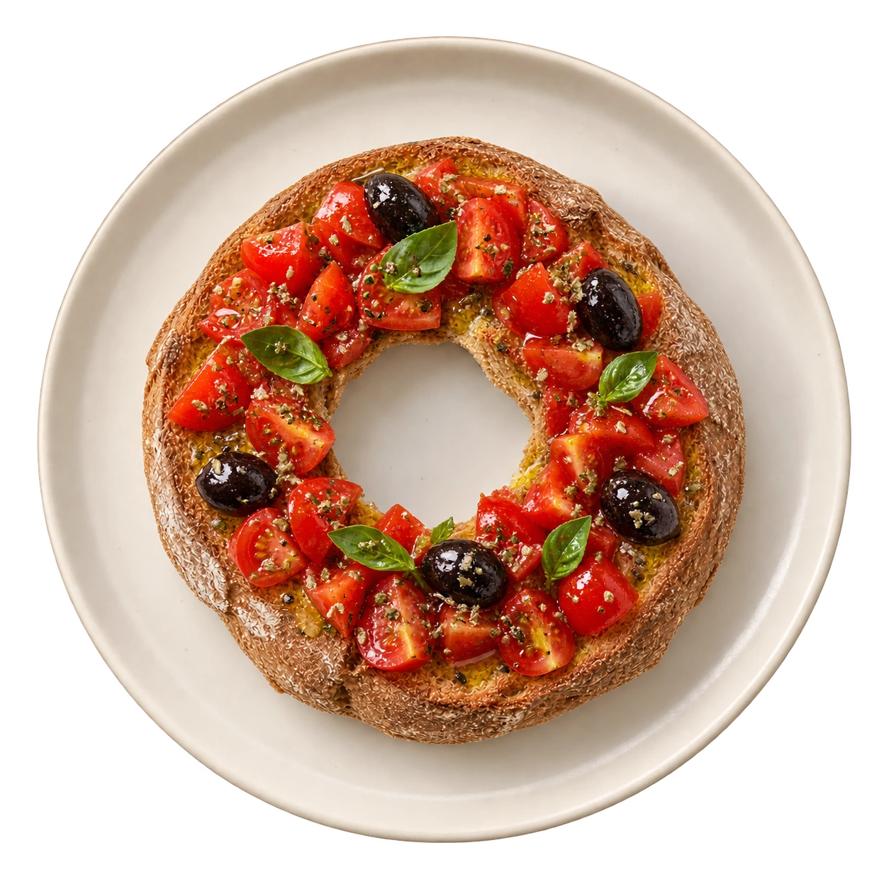 Frisella integrale con pomodorini, olive nere, basilico e olio extravergine