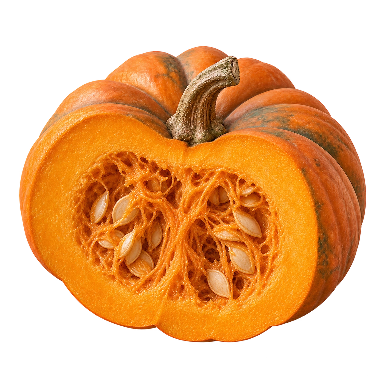 Zucca aperta, con polpa arancione e semi